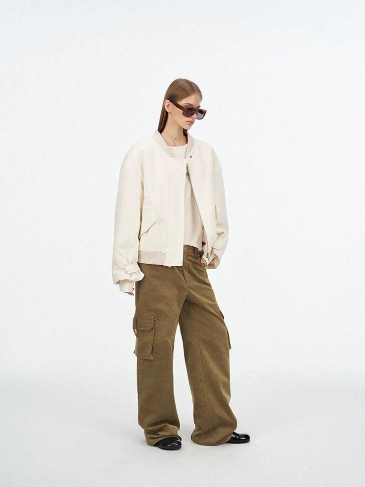 LoalaOffice 100% Cotton Casual Baseball Collar Short Zip Jacket Women Daily White Outerwear