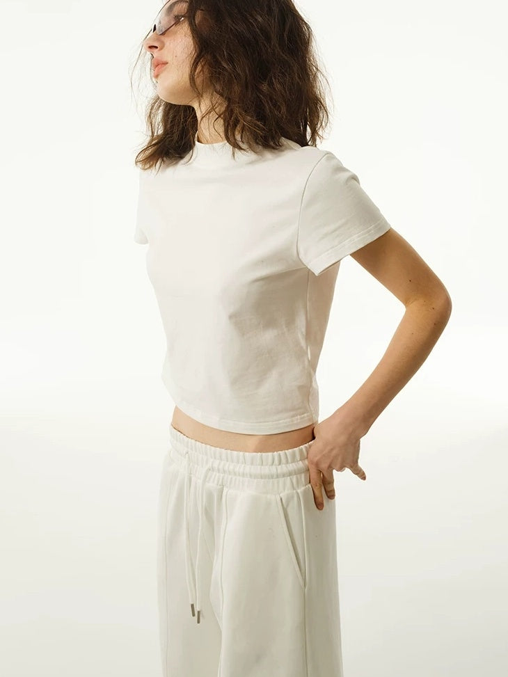 LoalaOffice 100% Cotton Casual Straight High Waist Short Sleeve Crew Neck Women Tops