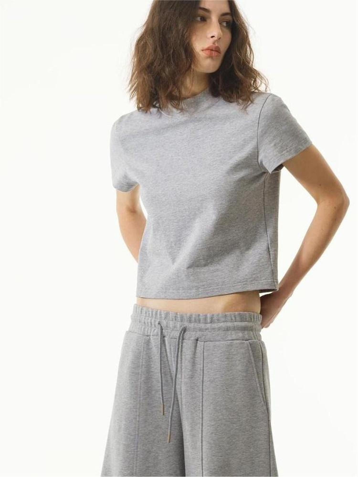 LoalaOffice 100% Cotton Casual Straight High Waist Short Sleeve Crew Neck Women Tops