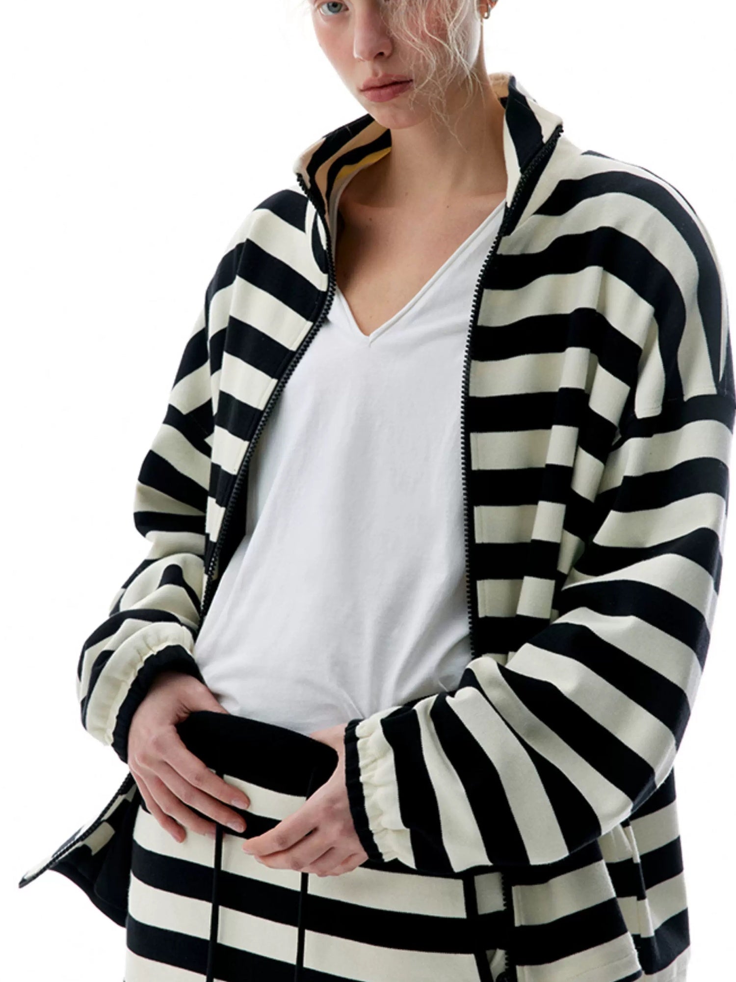 LoalaOffice 100 Percent Cotton Loose Fit Striped Zip Front Stand Collar Women Outerwear