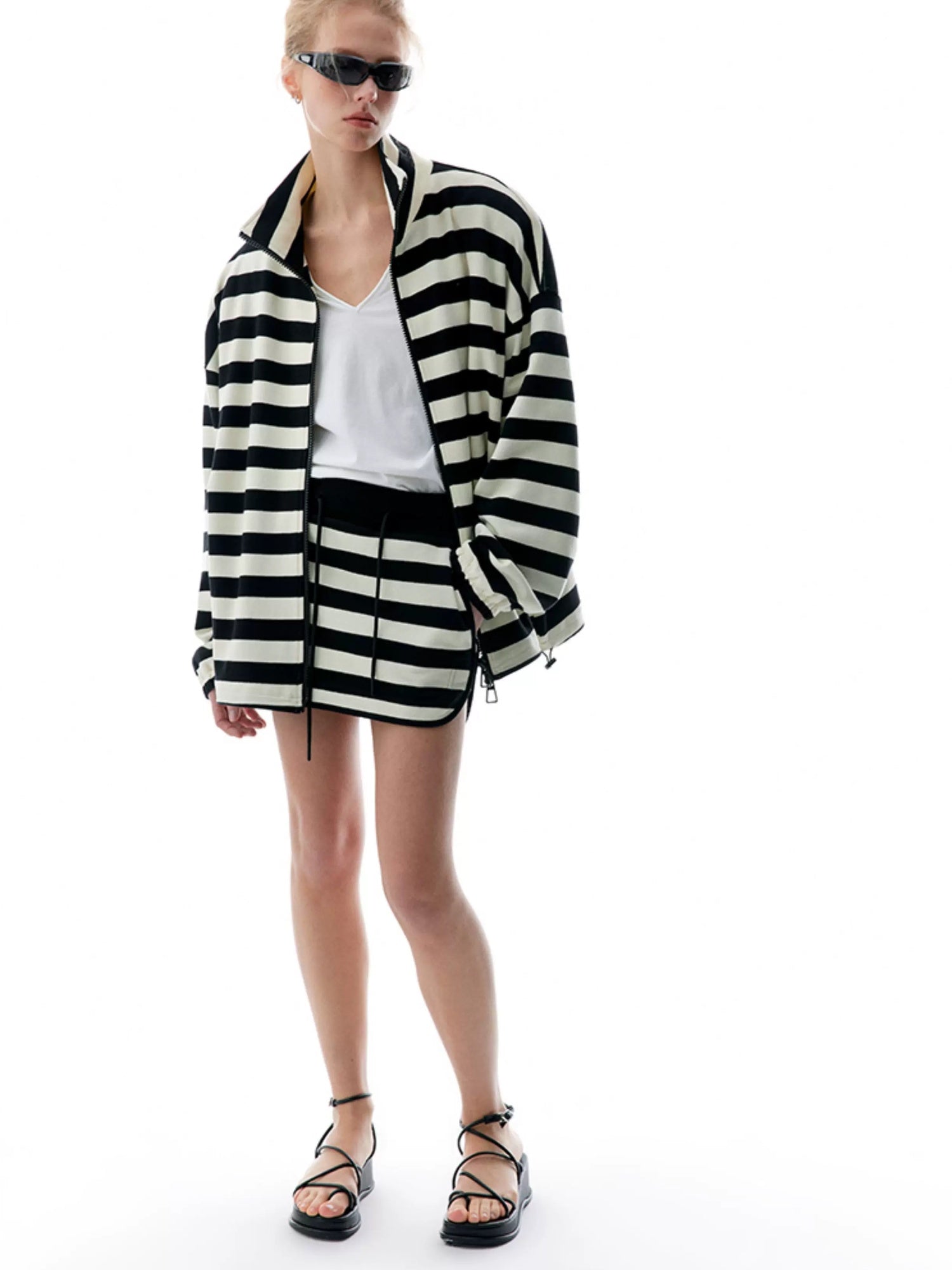 LoalaOffice 100 Percent Cotton Loose Fit Striped Zip Front Stand Collar Women Outerwear