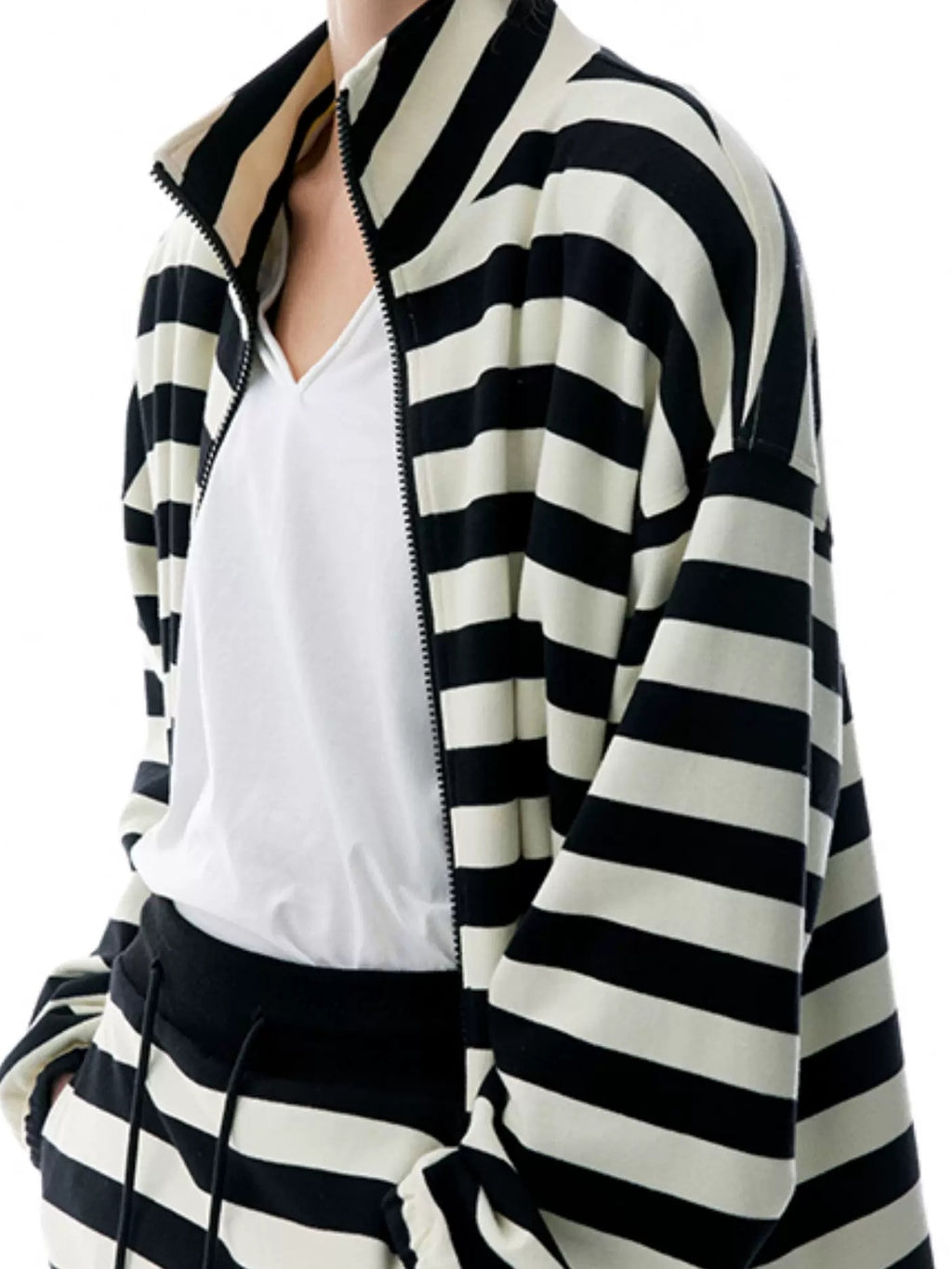LoalaOffice 100 Percent Cotton Loose Fit Striped Zip Front Stand Collar Women Outerwear