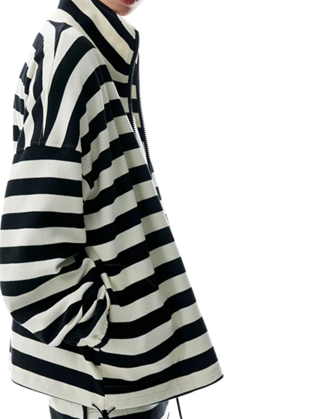 LoalaOffice 100 Percent Cotton Loose Fit Striped Zip Front Stand Collar Women Outerwear