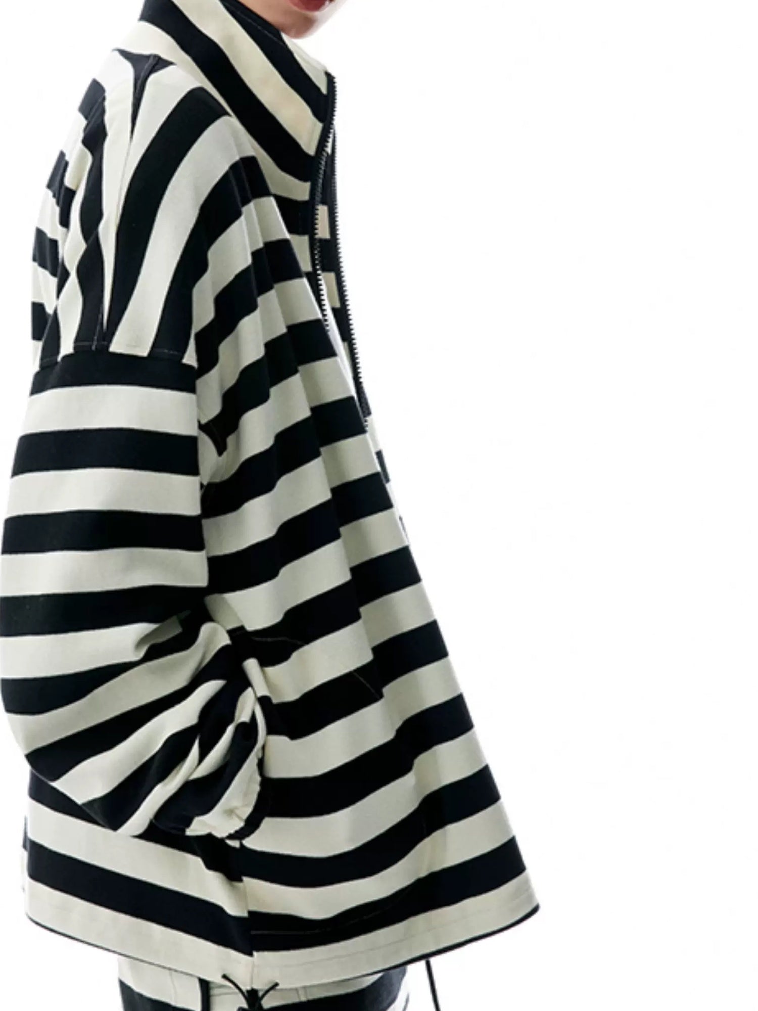 LoalaOffice 100 Percent Cotton Loose Fit Striped Zip Front Stand Collar Women Outerwear