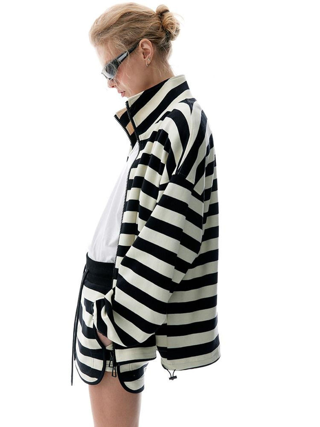 LoalaOffice 100 Percent Cotton Loose Fit Striped Zip Front Stand Collar Women Outerwear