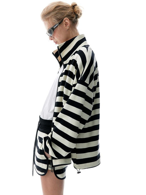 LoalaOffice 100 Percent Cotton Loose Fit Striped Zip Front Stand Collar Women Outerwear