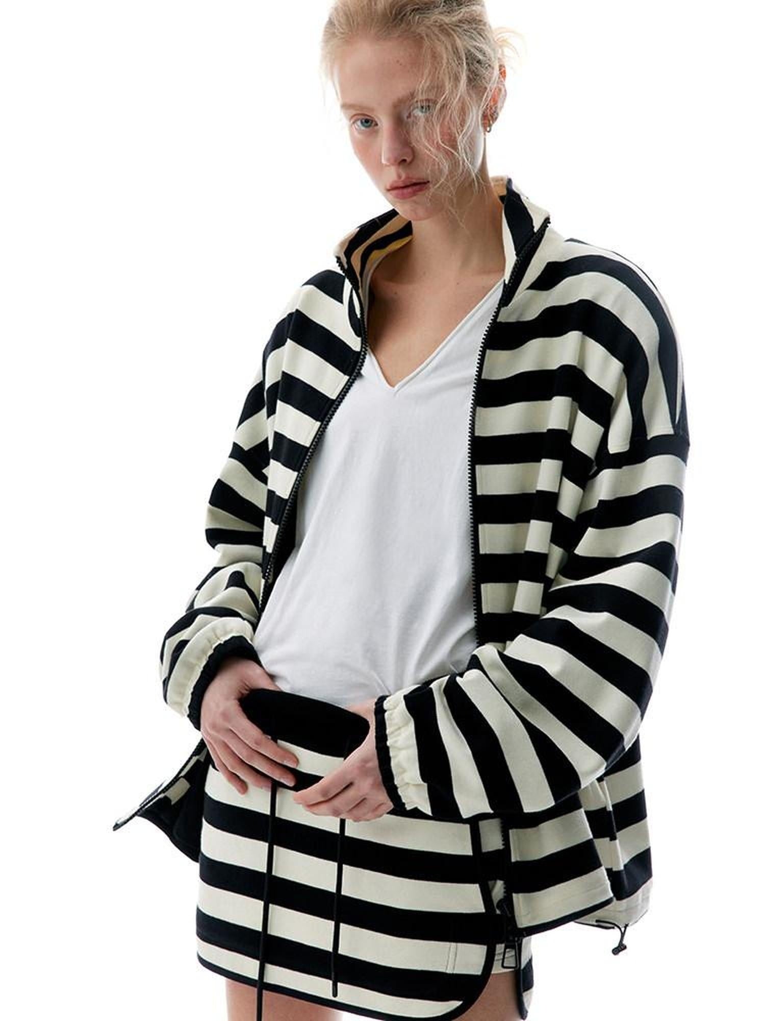 LoalaOffice 100 Percent Cotton Loose Fit Striped Zip Front Stand Collar Women Outerwear