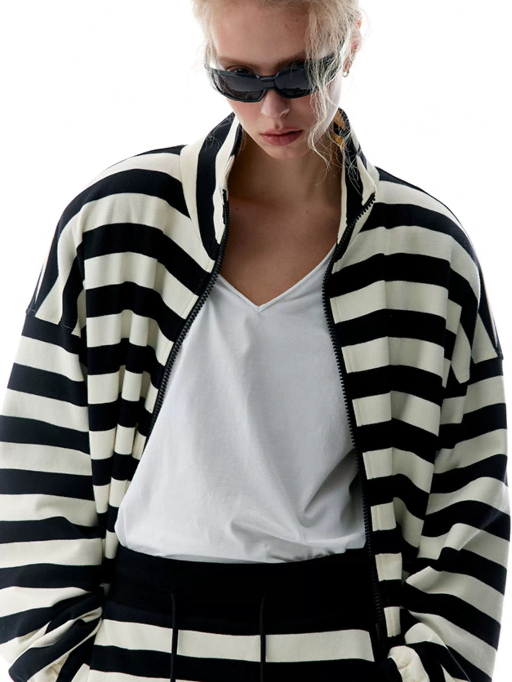 LoalaOffice 100 Percent Cotton Loose Fit Striped Zip Front Stand Collar Women Outerwear