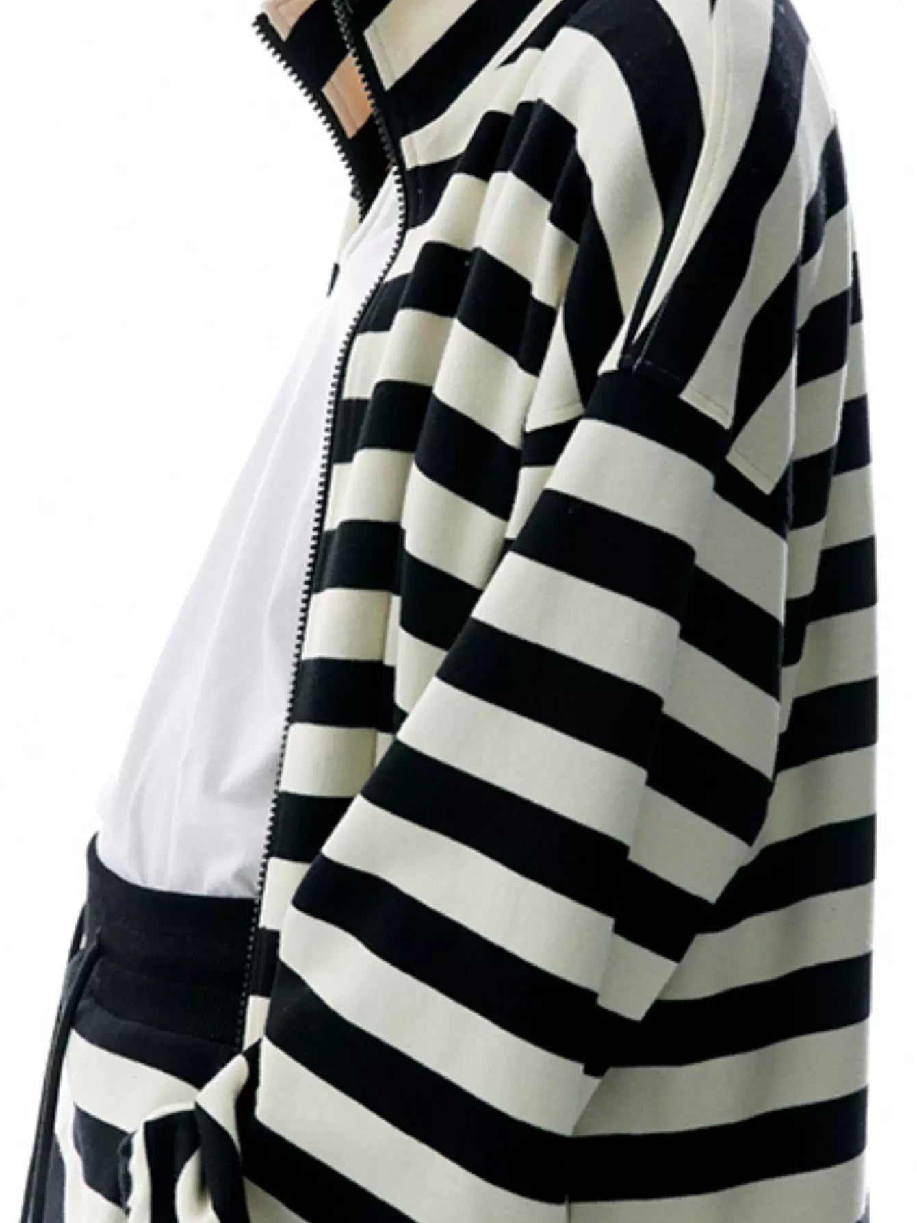 LoalaOffice 100 Percent Cotton Loose Fit Striped Zip Front Stand Collar Women Outerwear