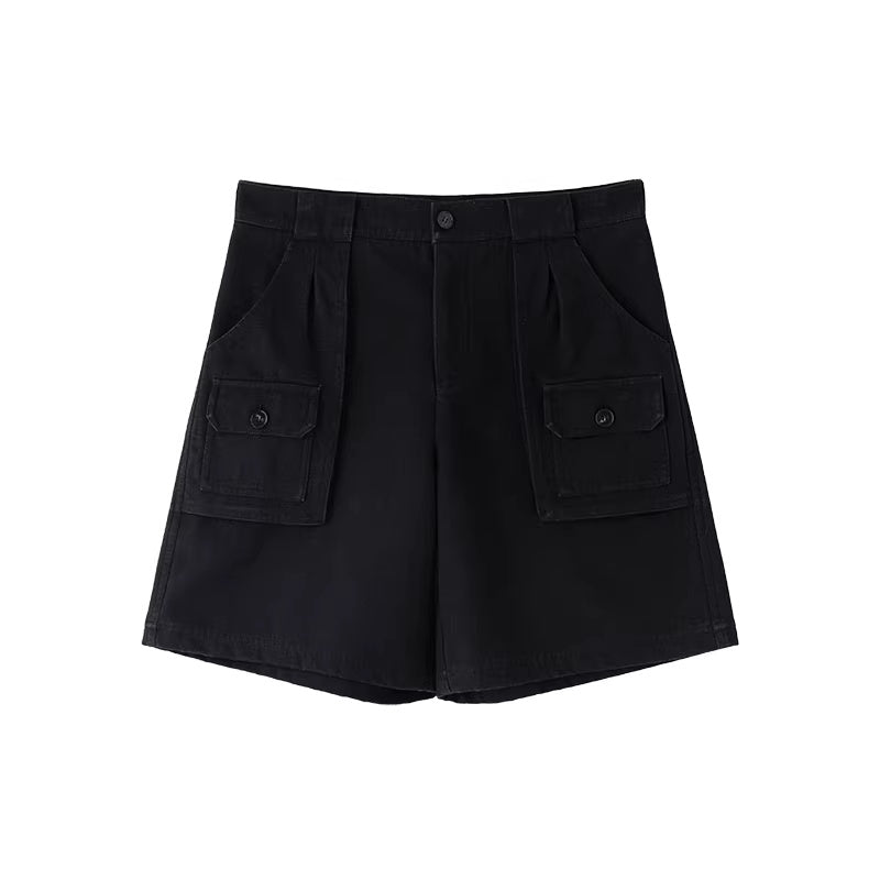 LoalaOffice_100_Percent_Cotton_Loose_Straight_Zip_Pocket_Shorts_Women_Black_White_Bottoms_MISSTT