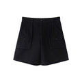 LoalaOffice_100_Percent_Cotton_Loose_Straight_Zip_Pocket_Shorts_Women_Black_White_Bottoms_MISSTT
