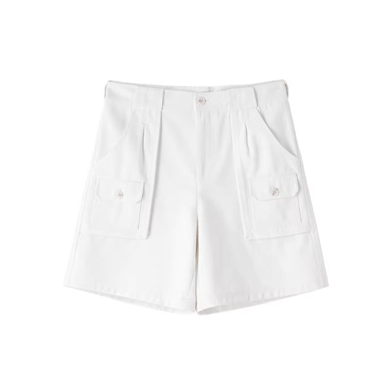 LoalaOffice_100_Percent_Cotton_Loose_Straight_Zip_Pocket_Shorts_Women_Black_White_Bottoms_MISSTT