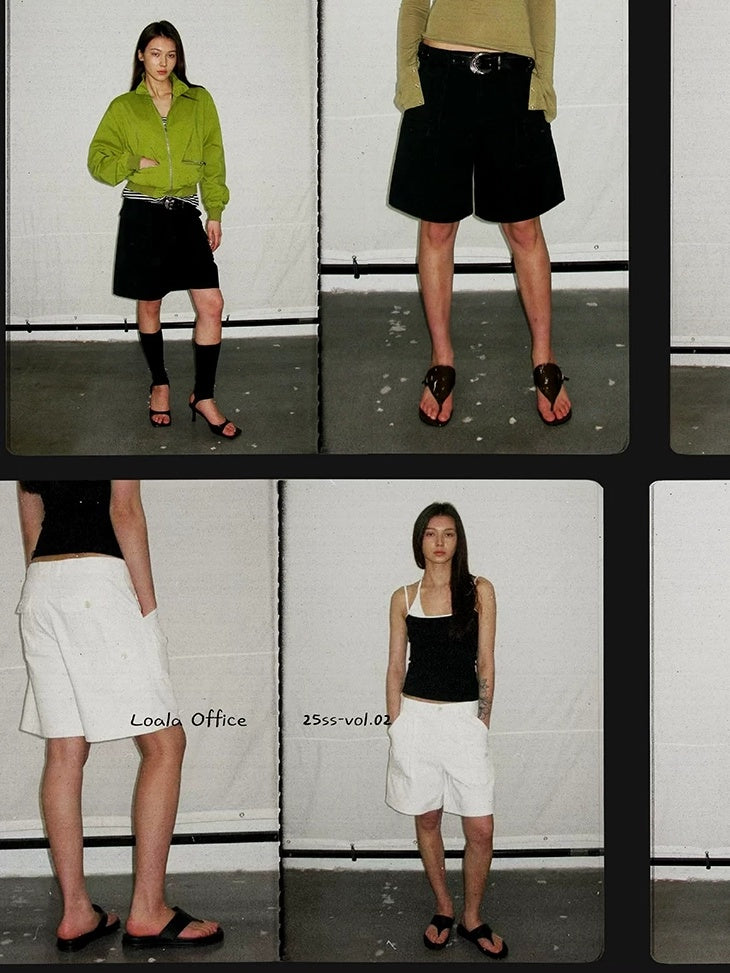 LoalaOffice 100 Percent Cotton Loose Straight Zip Pocket Shorts Women Black White Bottoms