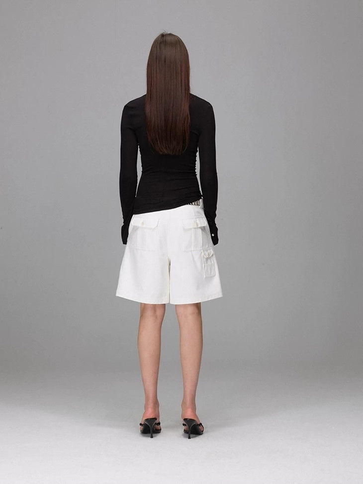 LoalaOffice 100 Percent Cotton Loose Straight Zip Pocket Shorts Women Black White Bottoms