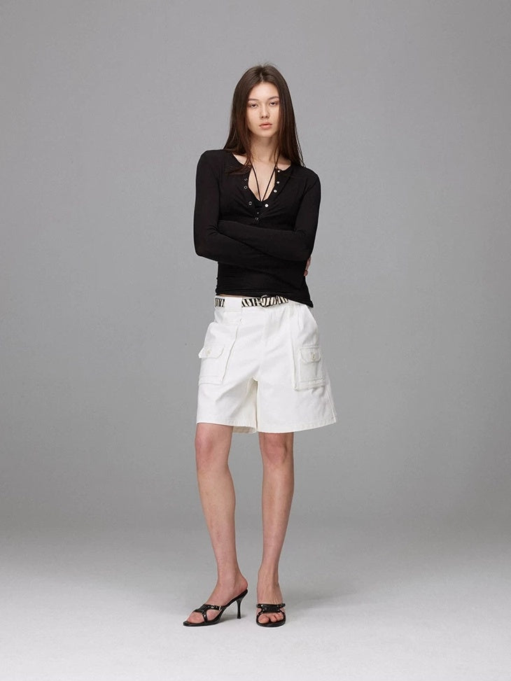 LoalaOffice 100 Percent Cotton Loose Straight Zip Pocket Shorts Women Black White Bottoms