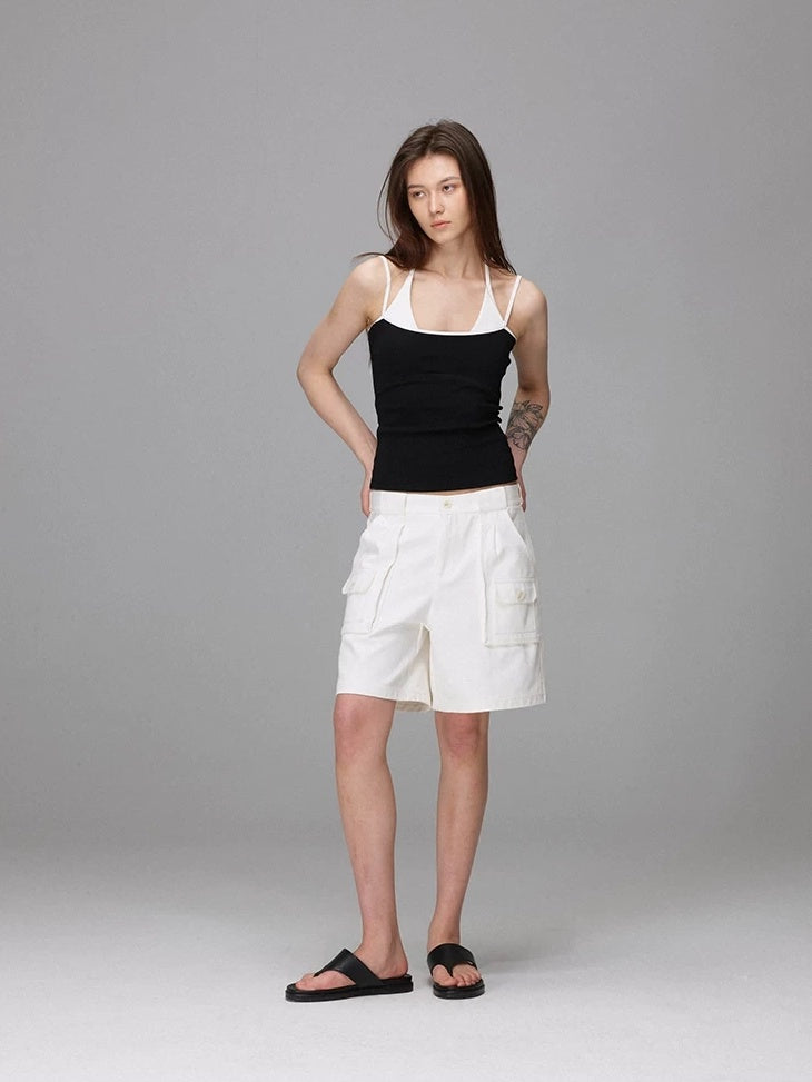 LoalaOffice 100 Percent Cotton Loose Straight Zip Pocket Shorts Women Black White Bottoms