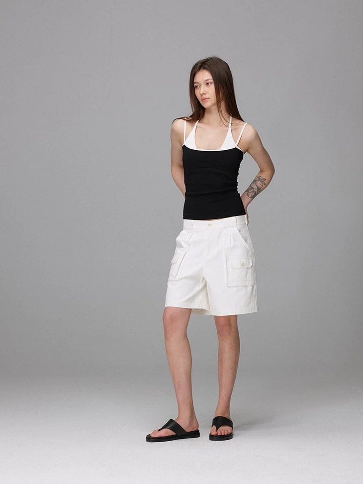 LoalaOffice 100 Percent Cotton Loose Straight Zip Pocket Shorts Women Black White Bottoms