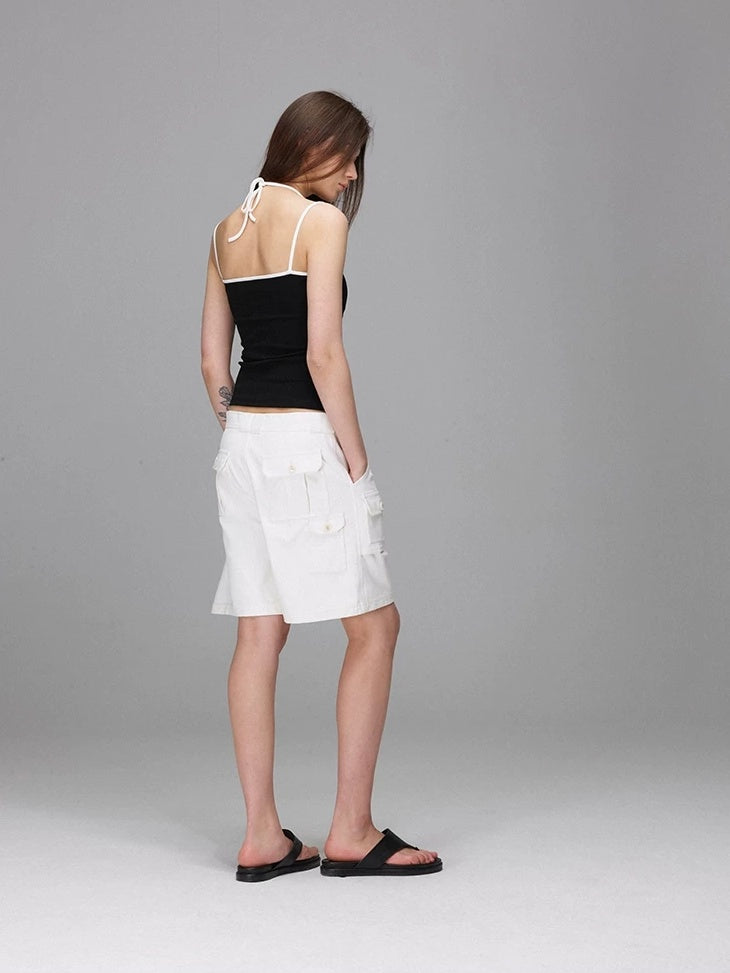 LoalaOffice 100 Percent Cotton Loose Straight Zip Pocket Shorts Women Black White Bottoms