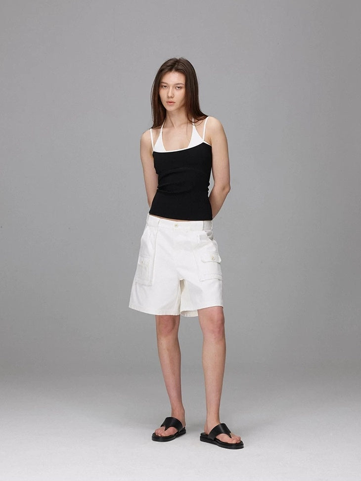 LoalaOffice 100 Percent Cotton Loose Straight Zip Pocket Shorts Women Black White Bottoms