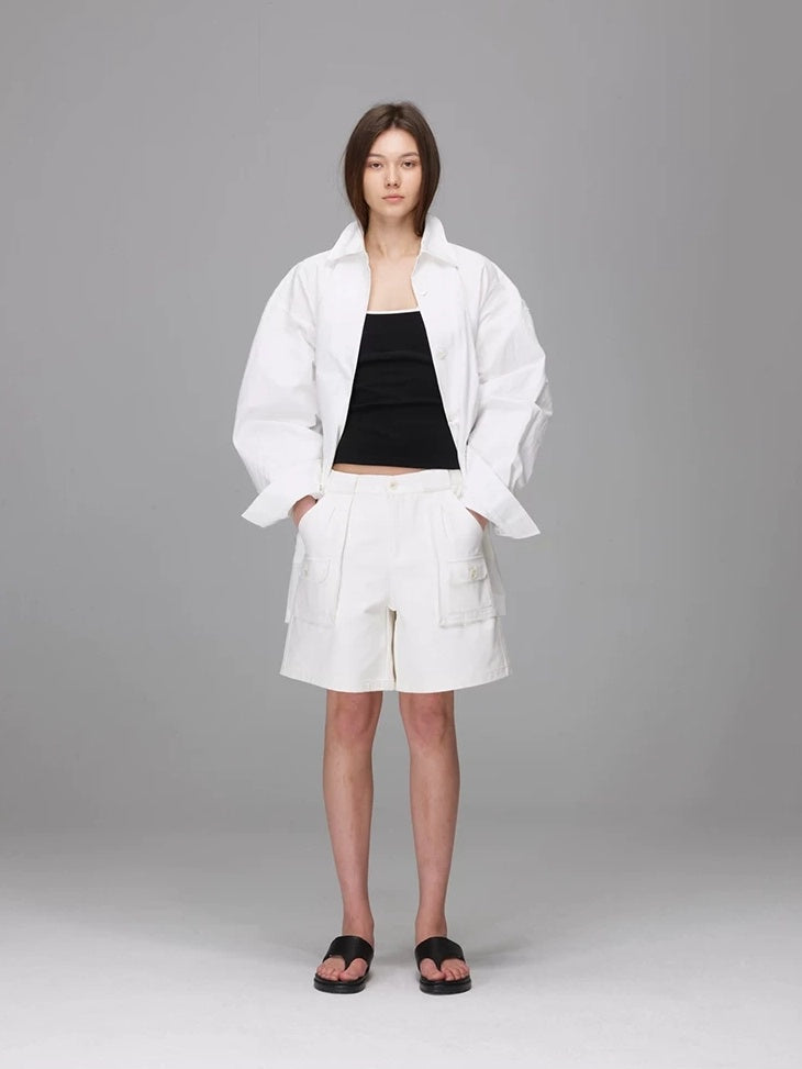 LoalaOffice 100 Percent Cotton Loose Straight Zip Pocket Shorts Women Black White Bottoms