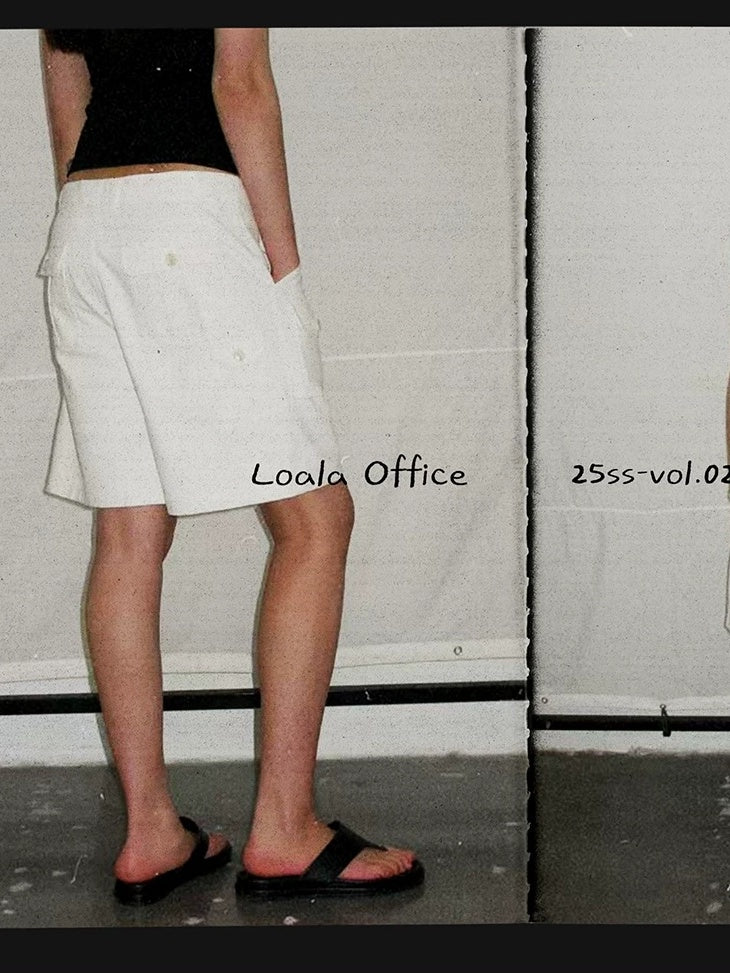 LoalaOffice 100 Percent Cotton Loose Straight Zip Pocket Shorts Women Black White Bottoms