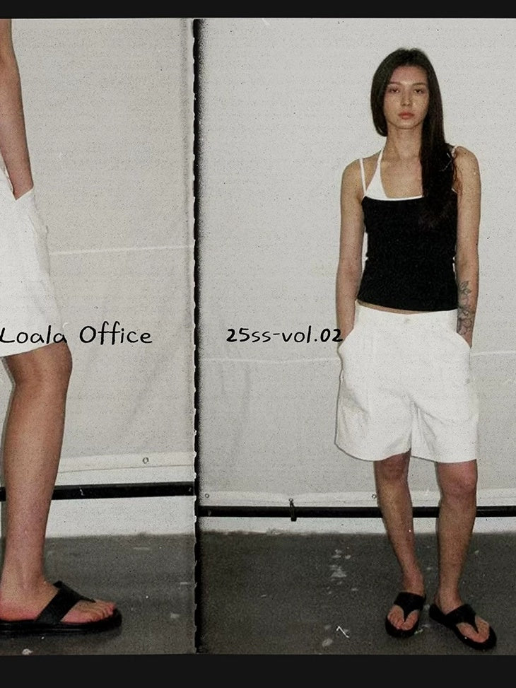 LoalaOffice 100 Percent Cotton Loose Straight Zip Pocket Shorts Women Black White Bottoms