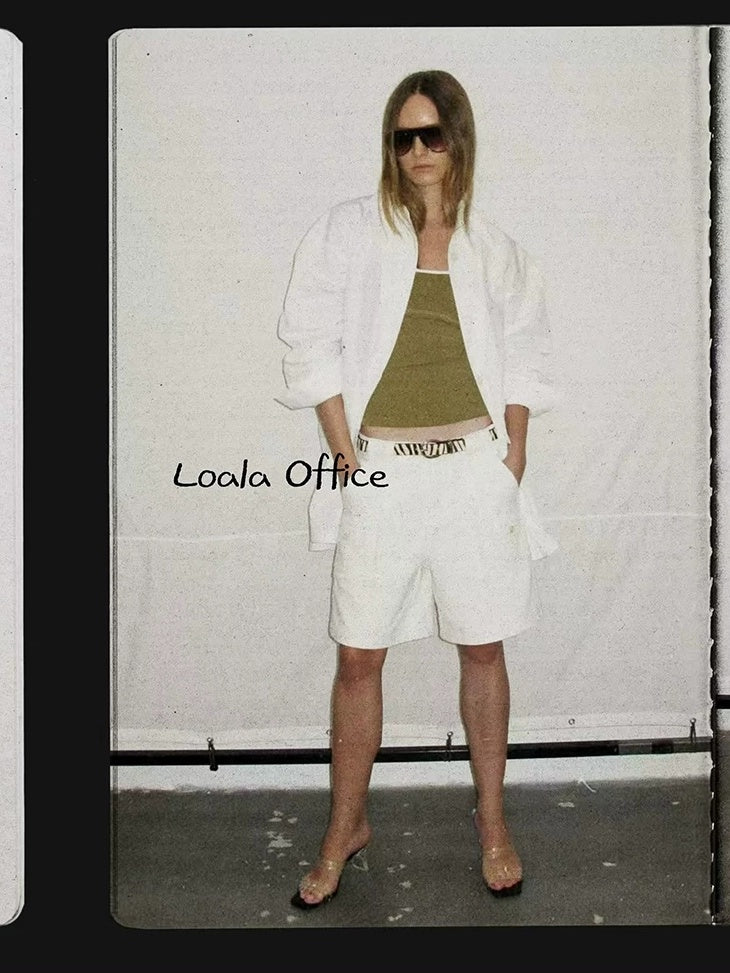 LoalaOffice 100 Percent Cotton Loose Straight Zip Pocket Shorts Women Black White Bottoms