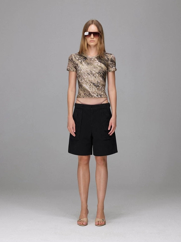 LoalaOffice 100 Percent Cotton Loose Straight Zip Pocket Shorts Women Black White Bottoms