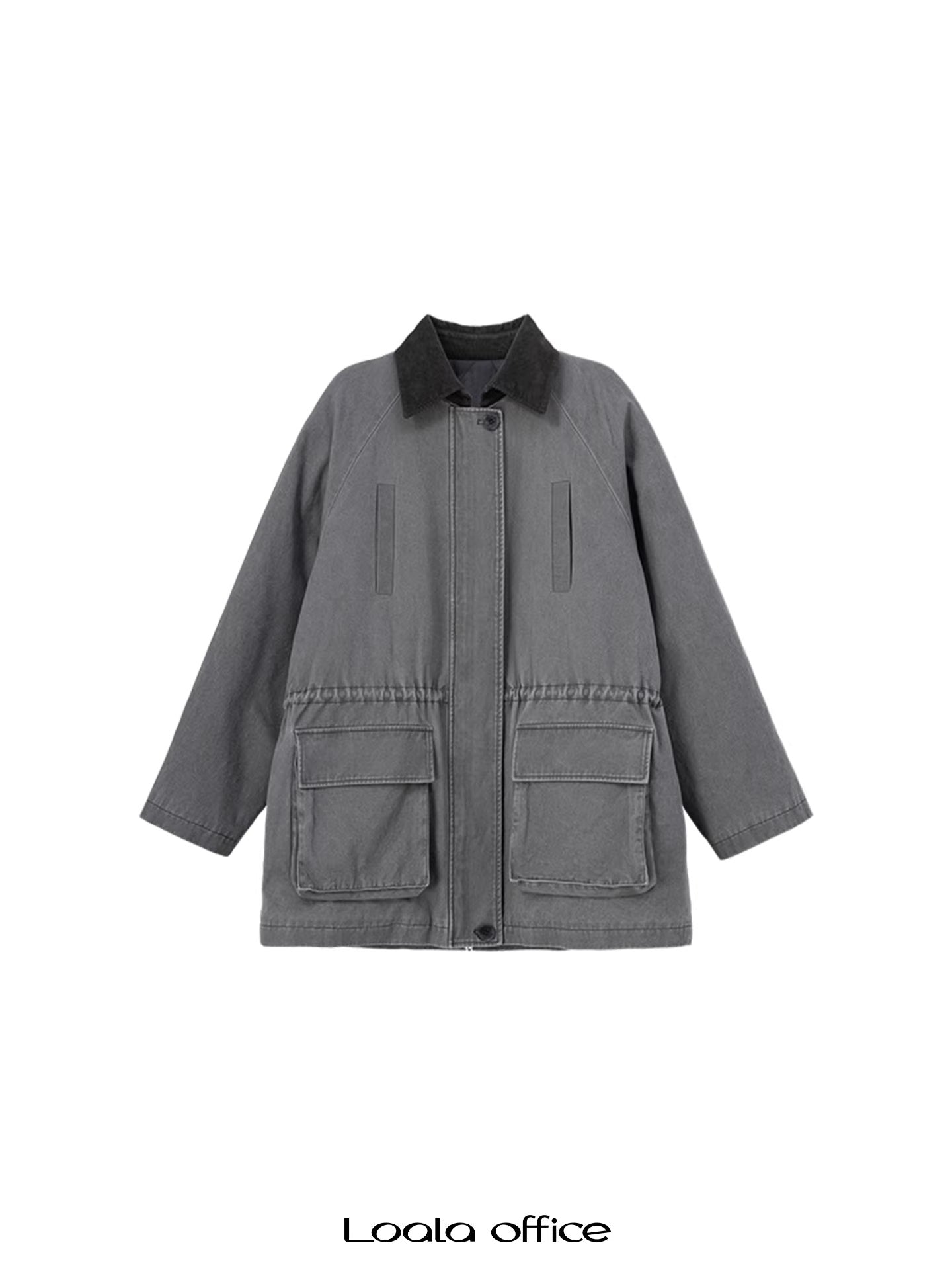 LoalaOffice_100_Percent_Cotton_Loose_Utility_Workwear_Zip_Lapel_Women_Gray_Outerwear_MISSTT