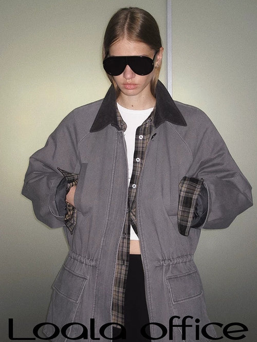 LoalaOffice 100 Percent Cotton Loose Utility Workwear Zip Lapel Women Gray Outerwear