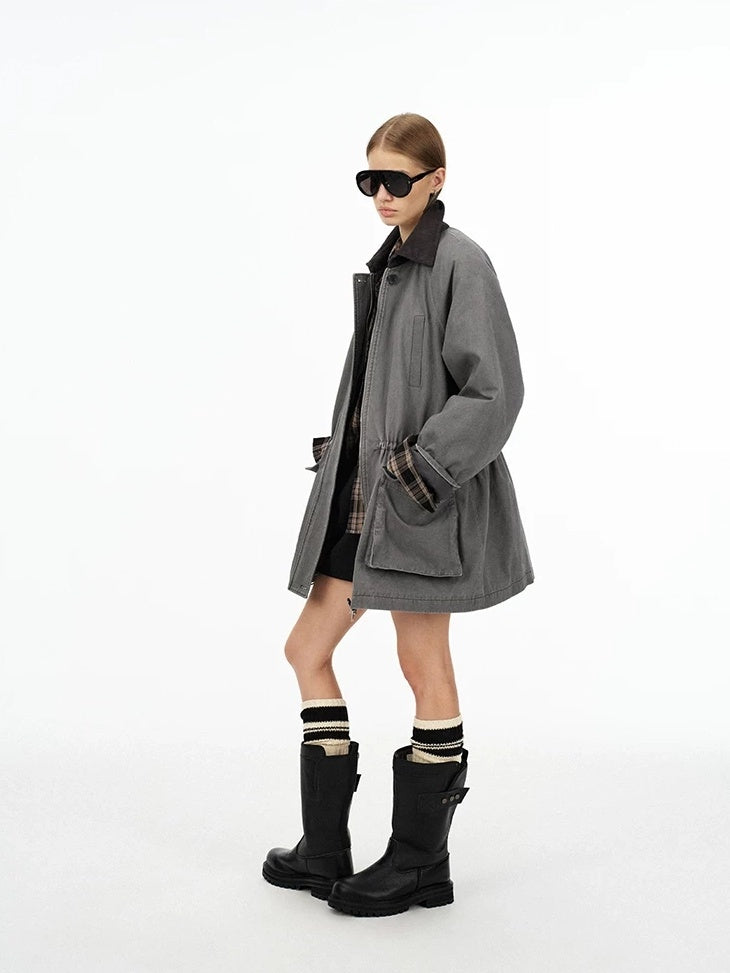 LoalaOffice 100 Percent Cotton Loose Utility Workwear Zip Lapel Women Gray Outerwear