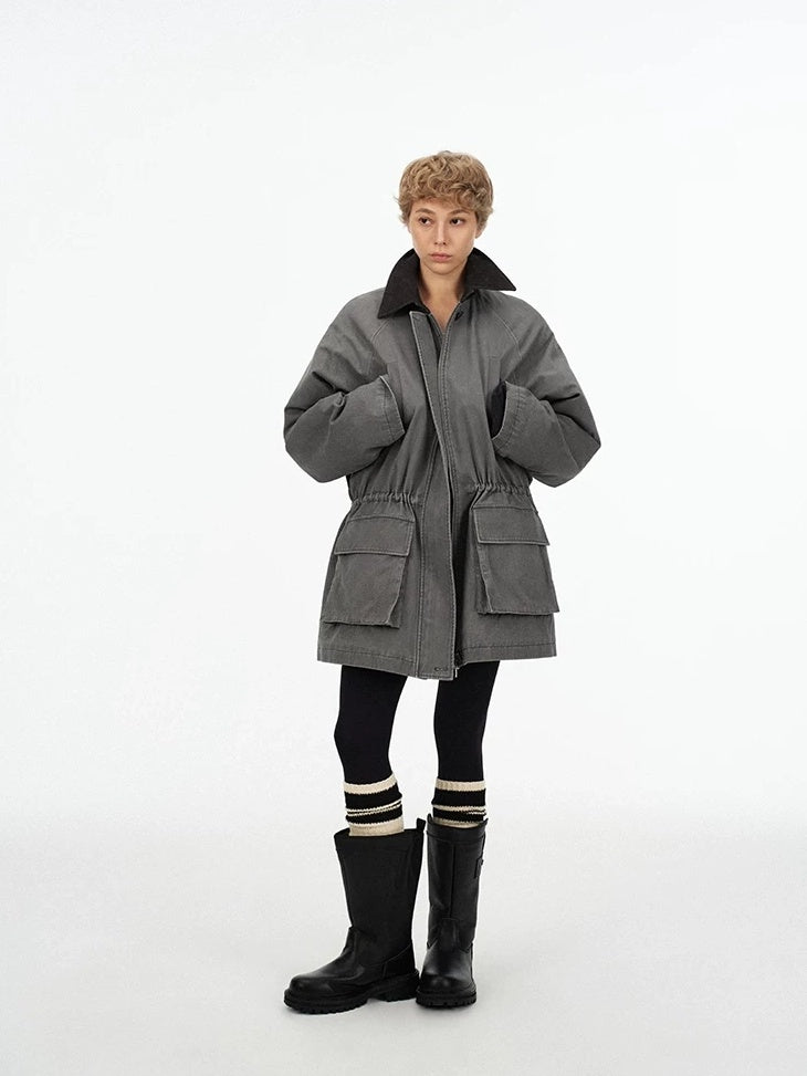 LoalaOffice 100 Percent Cotton Loose Utility Workwear Zip Lapel Women Gray Outerwear