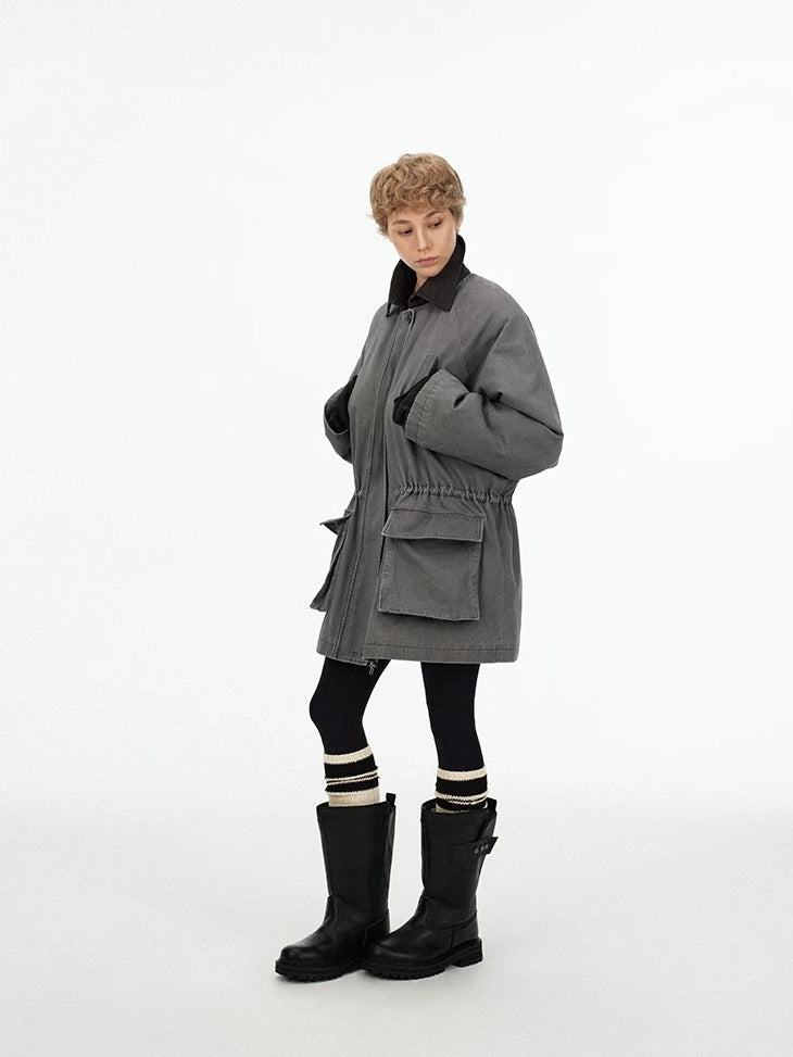 LoalaOffice 100 Percent Cotton Loose Utility Workwear Zip Lapel Women Gray Outerwear