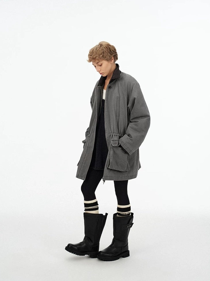 LoalaOffice 100 Percent Cotton Loose Utility Workwear Zip Lapel Women Gray Outerwear