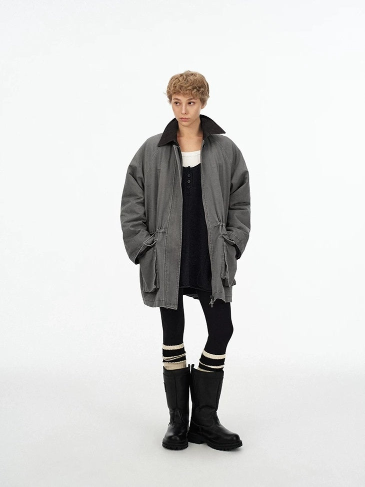 LoalaOffice 100 Percent Cotton Loose Utility Workwear Zip Lapel Women Gray Outerwear