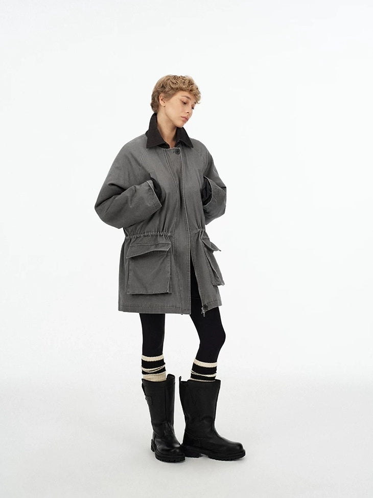 LoalaOffice 100 Percent Cotton Loose Utility Workwear Zip Lapel Women Gray Outerwear