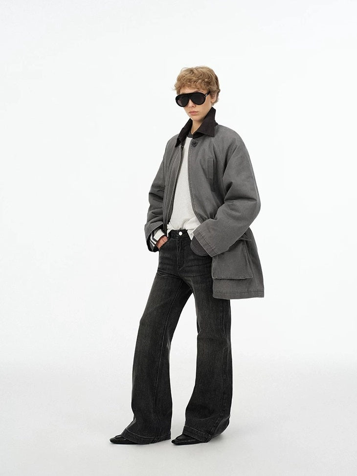 LoalaOffice 100 Percent Cotton Loose Utility Workwear Zip Lapel Women Gray Outerwear