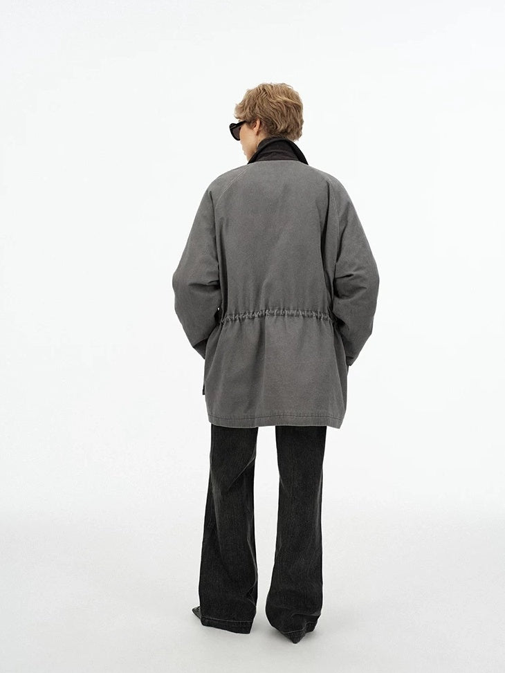 LoalaOffice 100 Percent Cotton Loose Utility Workwear Zip Lapel Women Gray Outerwear