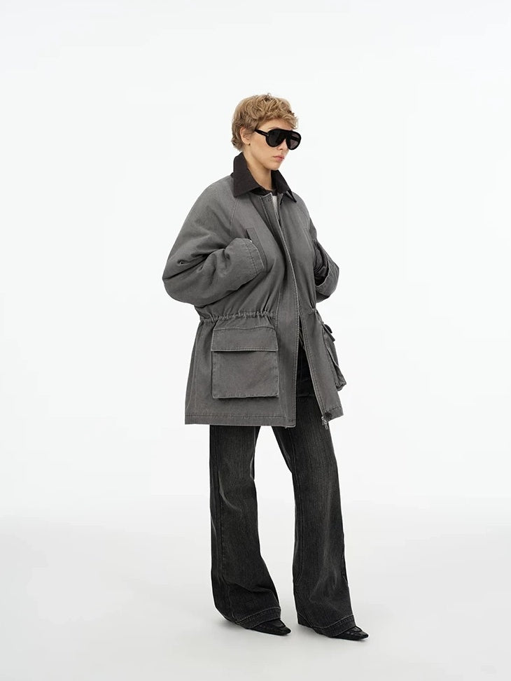 LoalaOffice 100 Percent Cotton Loose Utility Workwear Zip Lapel Women Gray Outerwear