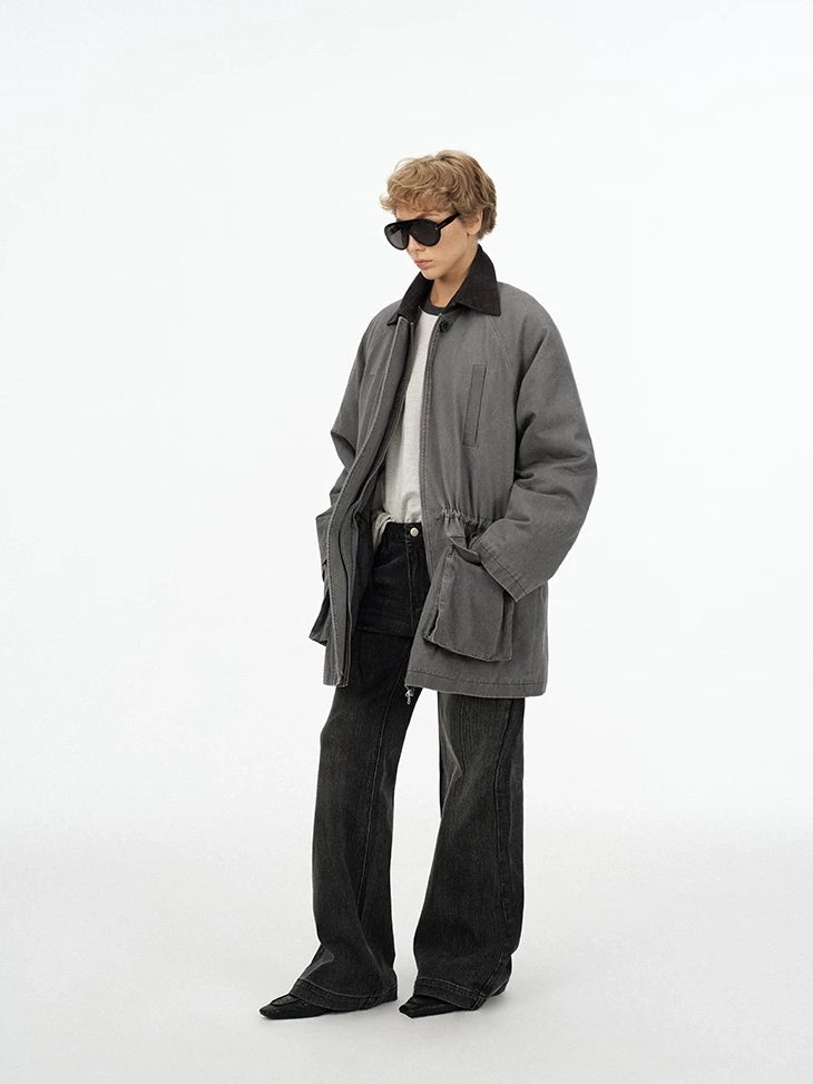 LoalaOffice 100 Percent Cotton Loose Utility Workwear Zip Lapel Women Gray Outerwear