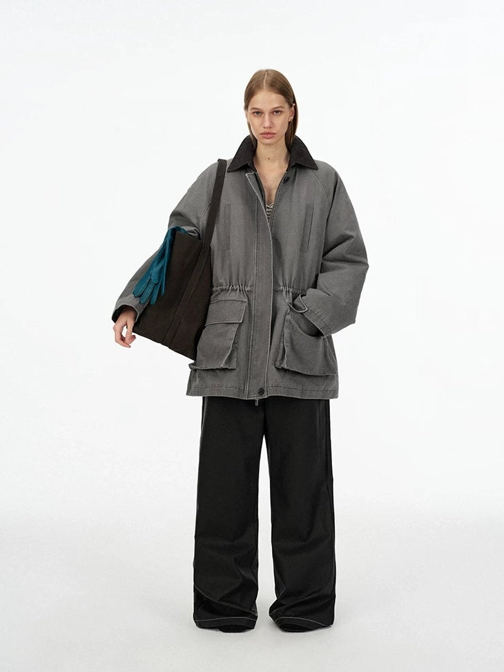 LoalaOffice 100 Percent Cotton Loose Utility Workwear Zip Lapel Women Gray Outerwear