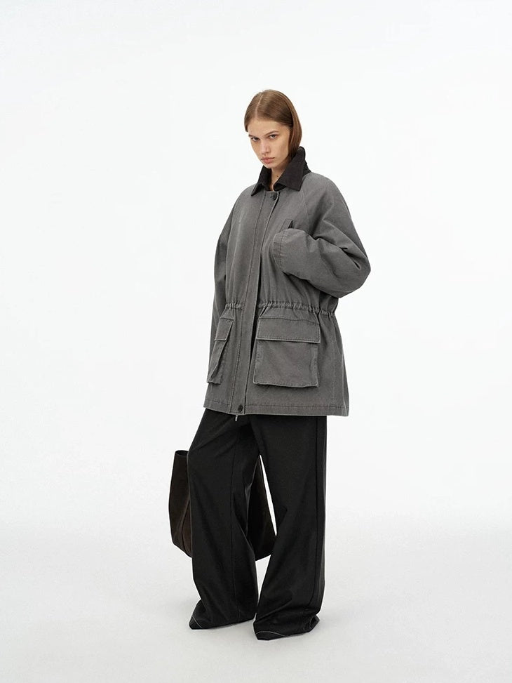 LoalaOffice 100 Percent Cotton Loose Utility Workwear Zip Lapel Women Gray Outerwear