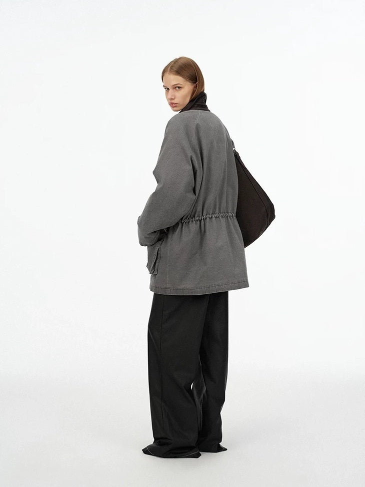 LoalaOffice 100 Percent Cotton Loose Utility Workwear Zip Lapel Women Gray Outerwear