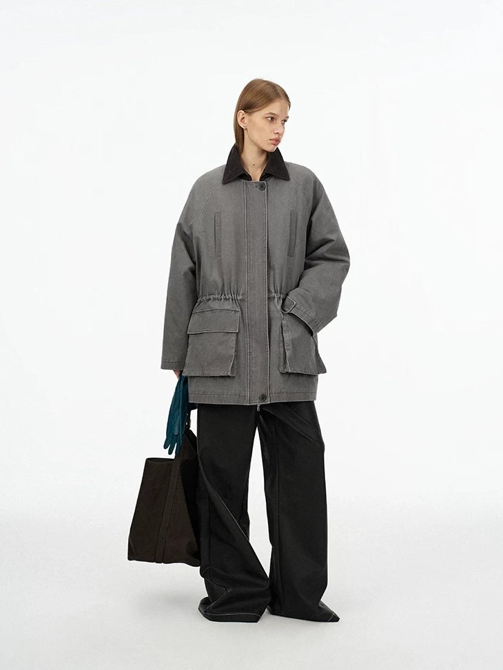 LoalaOffice 100 Percent Cotton Loose Utility Workwear Zip Lapel Women Gray Outerwear