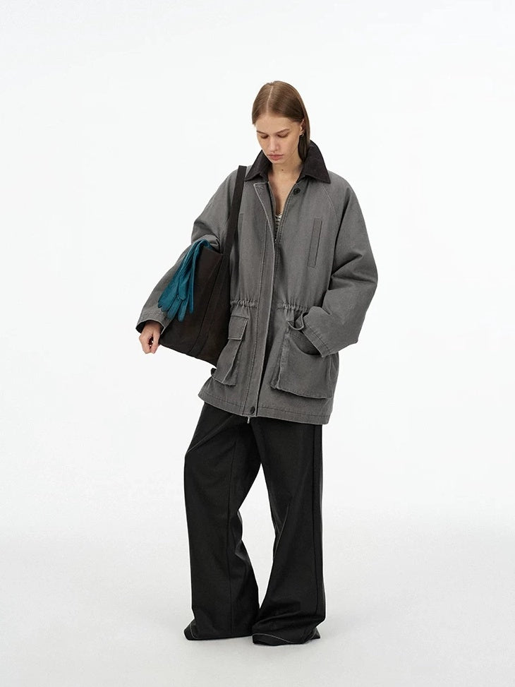 LoalaOffice 100 Percent Cotton Loose Utility Workwear Zip Lapel Women Gray Outerwear