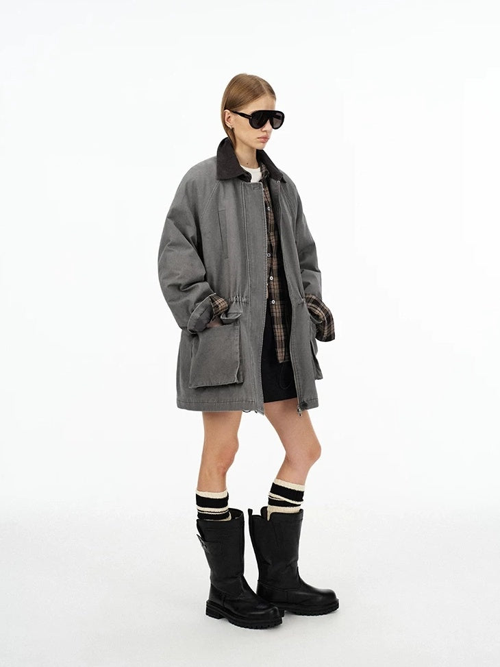 LoalaOffice 100 Percent Cotton Loose Utility Workwear Zip Lapel Women Gray Outerwear