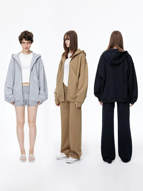 LoalaOffice 100 Percent Cotton Street Loose Fit Hooded Zip Cardigan Women Black Outerwear