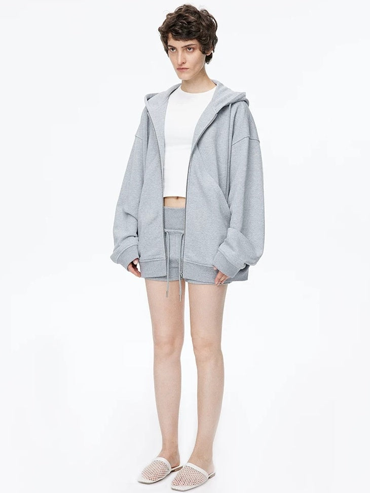 LoalaOffice 100 Percent Cotton Street Loose Fit Hooded Zip Cardigan Women Black Outerwear