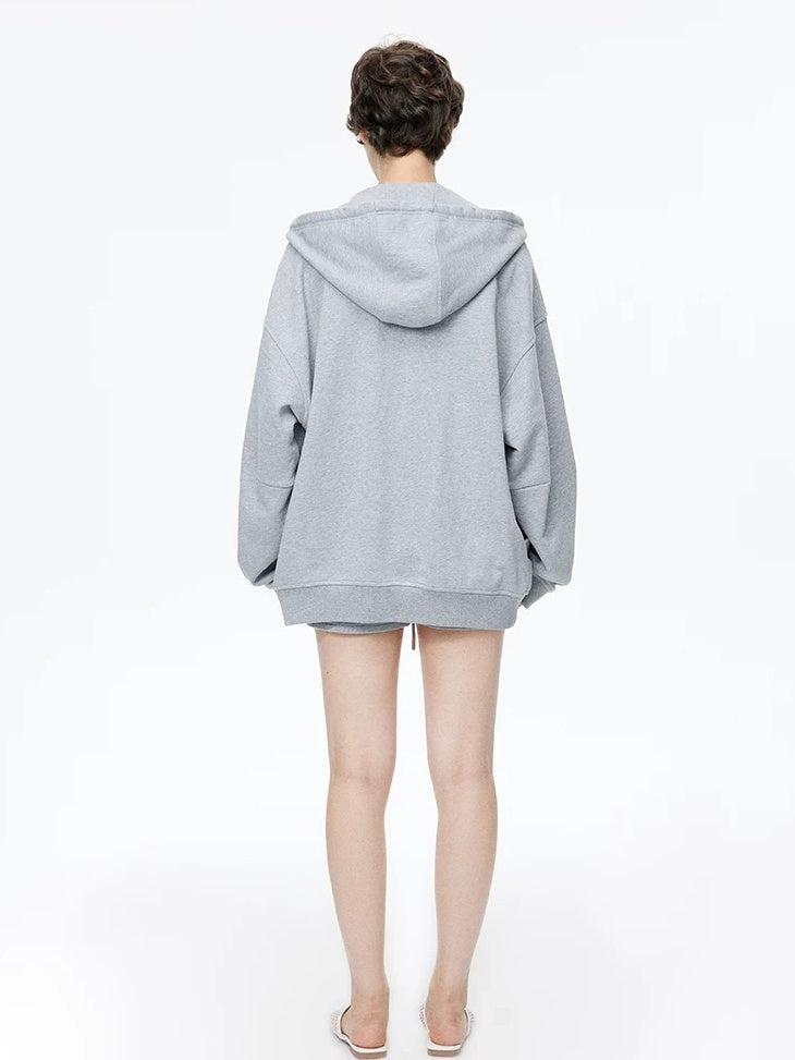 LoalaOffice 100 Percent Cotton Street Loose Fit Hooded Zip Cardigan Women Black Outerwear