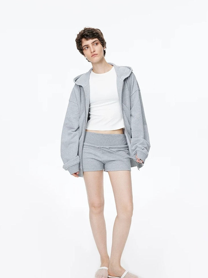 LoalaOffice 100 Percent Cotton Street Loose Fit Hooded Zip Cardigan Women Black Outerwear